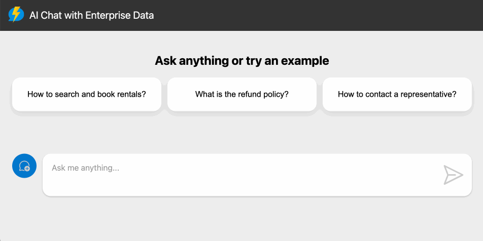 Captura de pantalla de la aplicación de chat en el explorador que muestra el cuadro de texto de chat y varias sugerencias para la entrada de chat.
