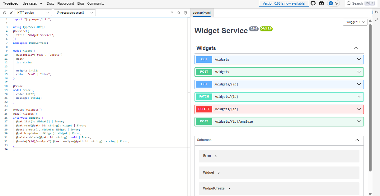 Captura de pantalla del entorno TypeSpec con el servicio HTTP de ejemplo que se muestra en la interfaz de usuario de Swagger.