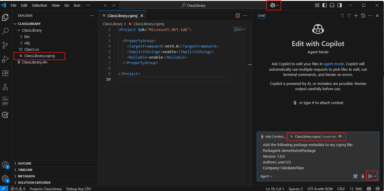 Captura de pantalla que muestra cómo agregar metadatos a un paquete mediante GitHub Copilot en Visual Studio Code.