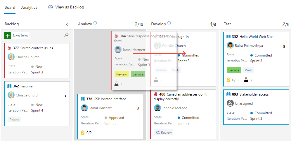 Captura de pantalla del panel Kanban, arrastrar y colocar para actualizar el estado.