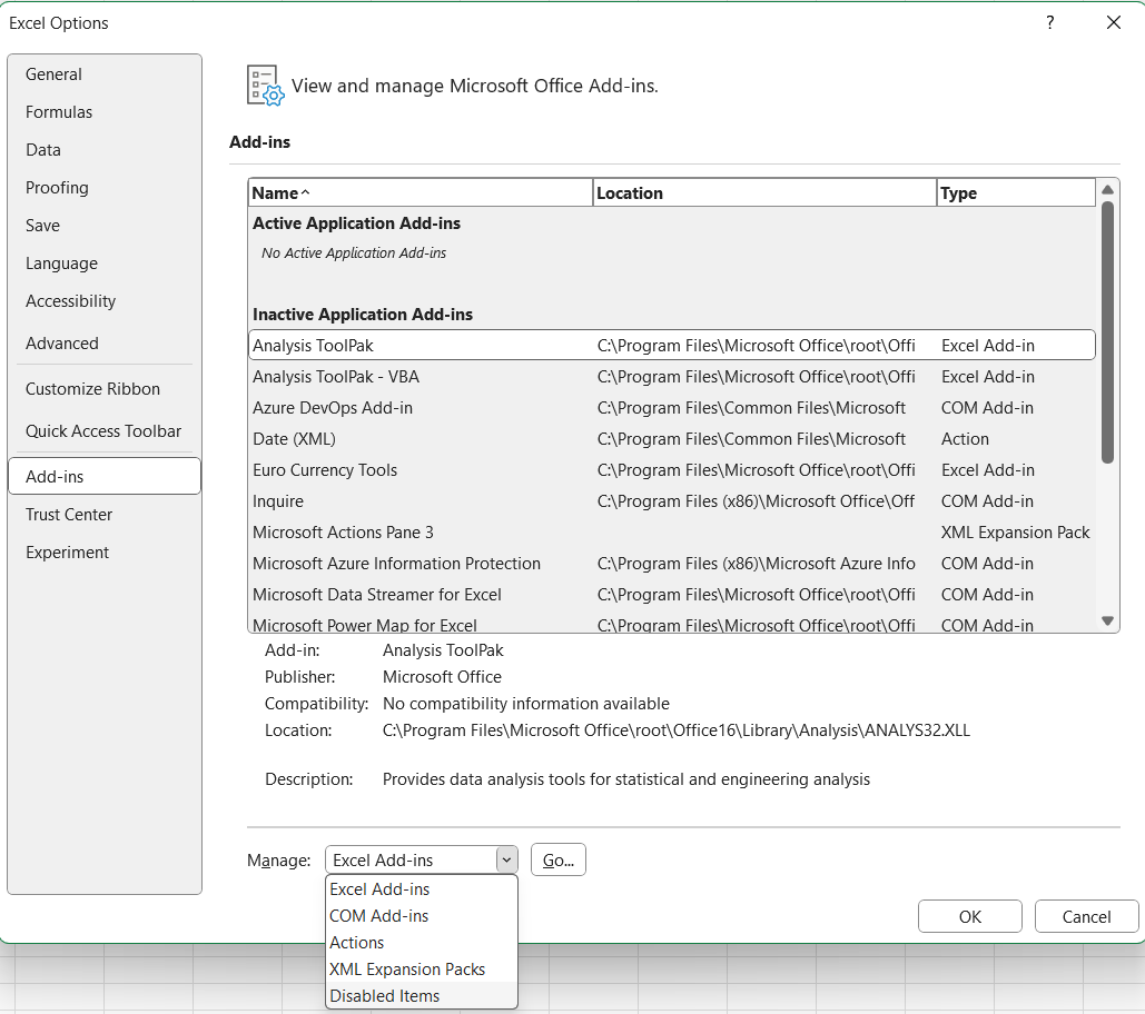 Captura de pantalla de opciones de Excel, complementos, elegir elementos deshabilitados.
