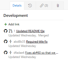 Captura de pantalla del formulario de elemento de trabajo, la sección Desarrollo muestra GitHub links.