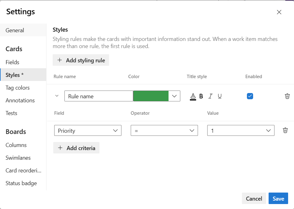 Configuración, cuadro de diálogo Estilos