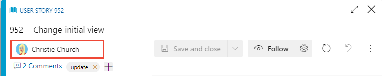 Captura de pantalla que muestra el campo Asignado a en el formulario de elemento de trabajo.