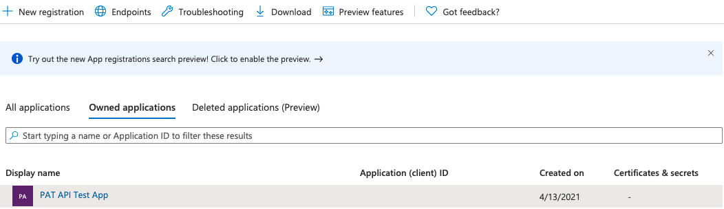 Captura de pantalla que muestra el identificador de Entra de Microsoft abierto, registros de aplicaciones.