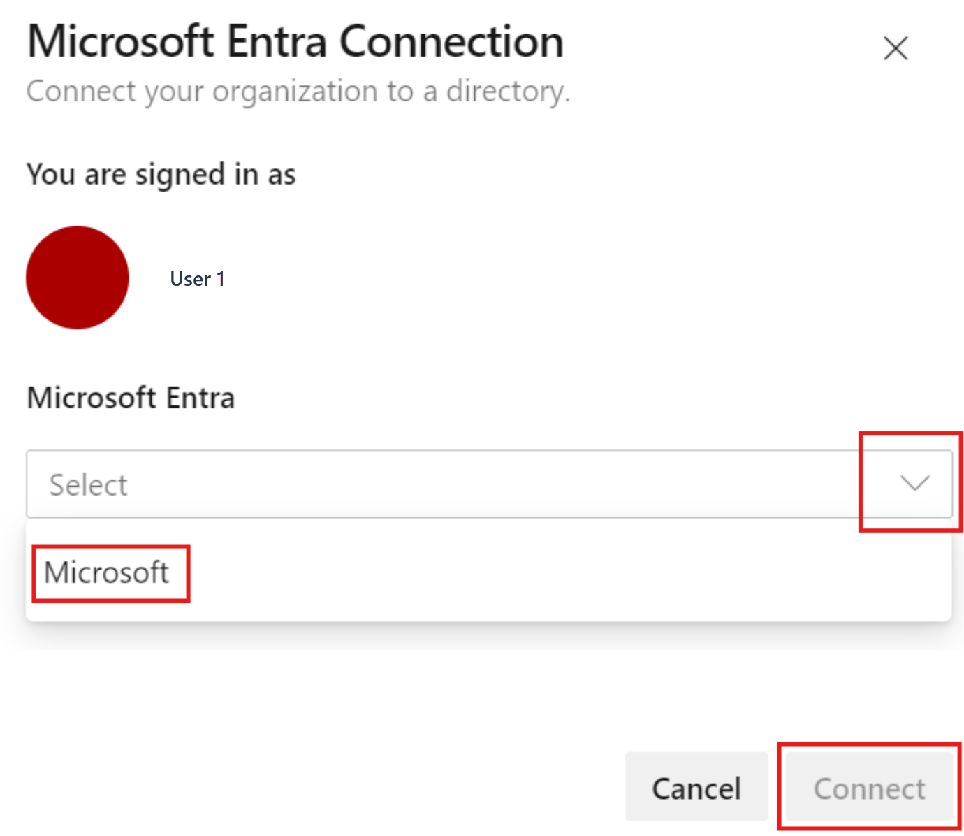 Seleccione el identificador de Entra de Microsoft y, a continuación, Conectar.