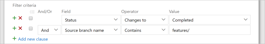 Captura de pantalla de la configuración de criterios de filtro adicionales.