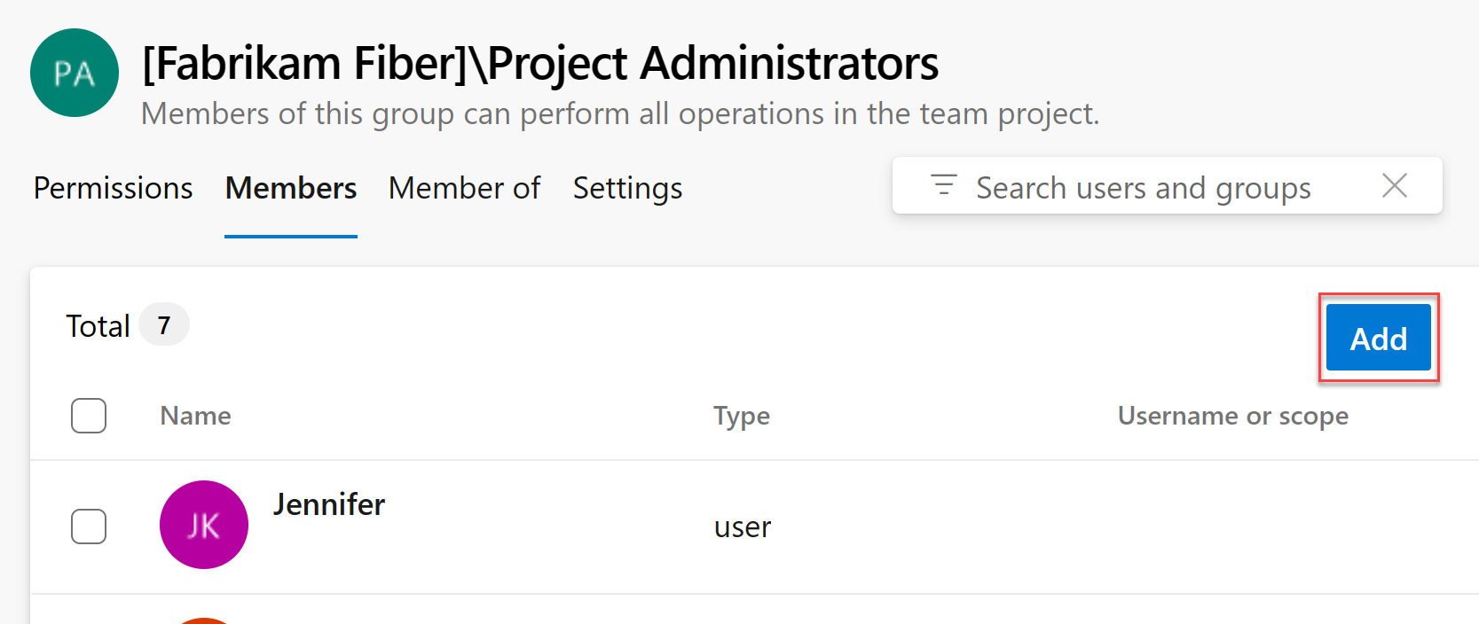 Permisos de configuración del > proyecto, Agregar miembro