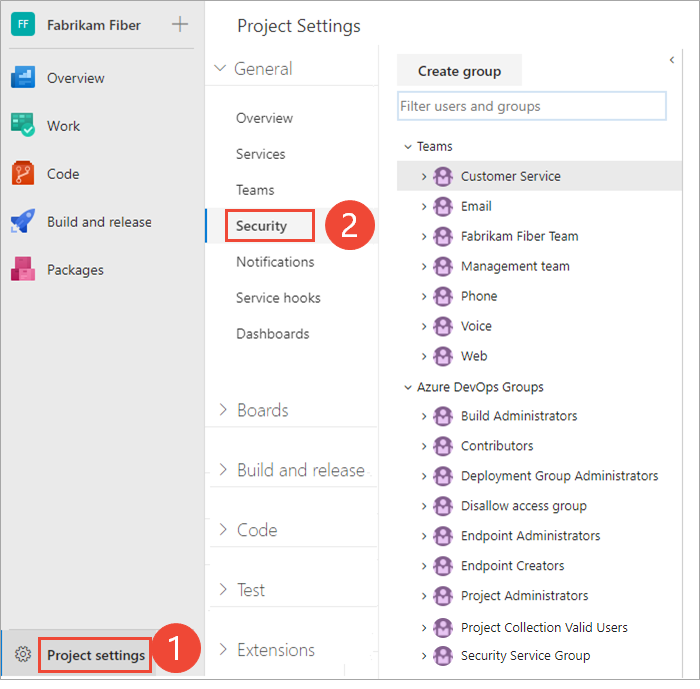 Captura de pantalla de la página Configuración del proyecto, Seguridad.