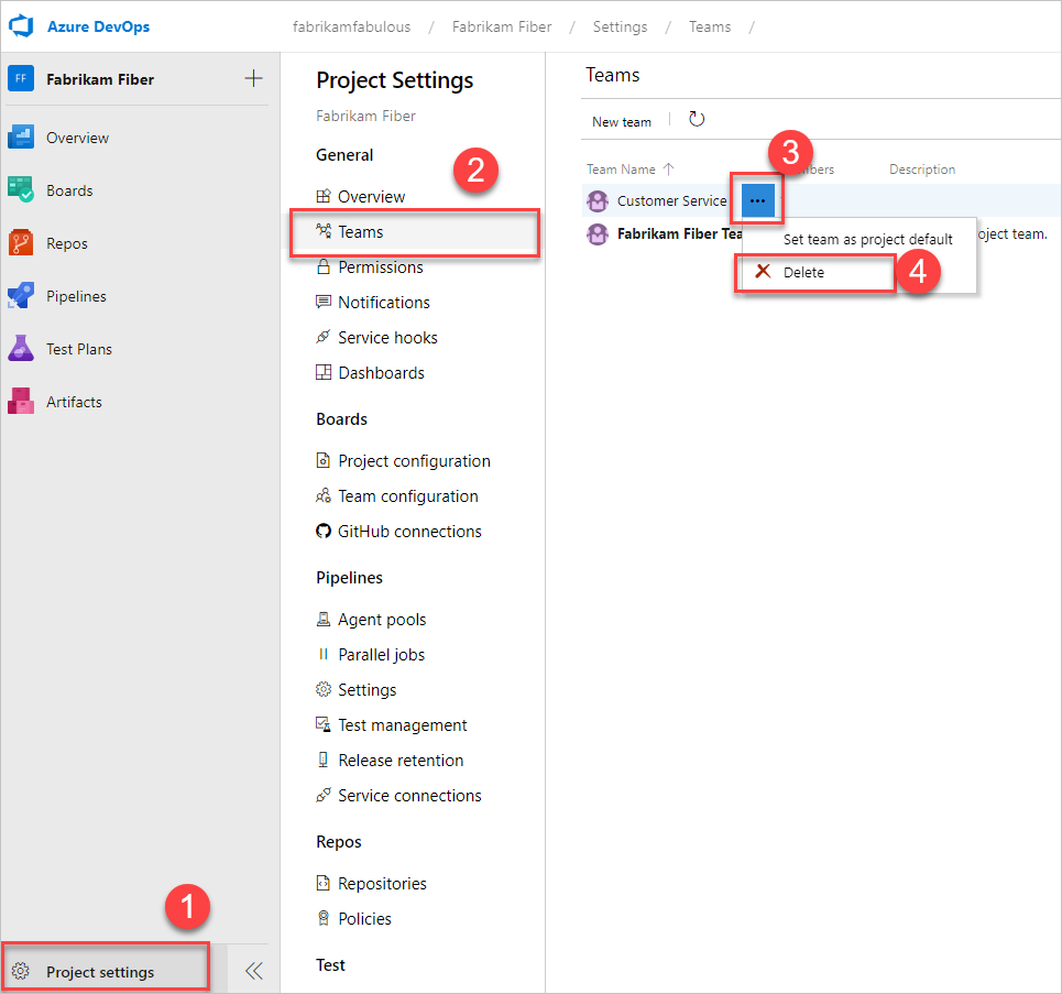 Captura de pantalla de la secuencia de opciones de Teams Eliminar equipo de configuración > > del proyecto.