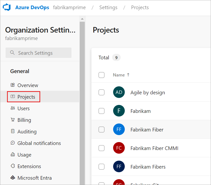 Screenshot of Admin context, Organization settings, Project list and the process they use.