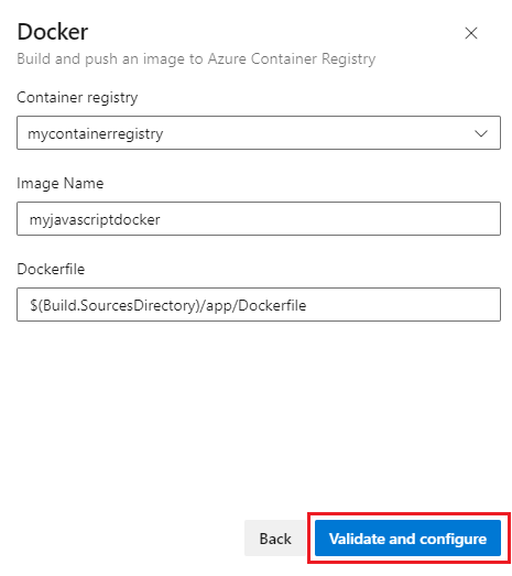 Captura de pantalla que muestra cómo configurar una canalización de Docker para compilar y publicar una imagen en Azure Container Registry