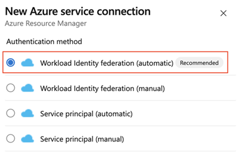 Captura de pantalla de la selección del método de autenticación de federación de identidad de carga de trabajo (automática).