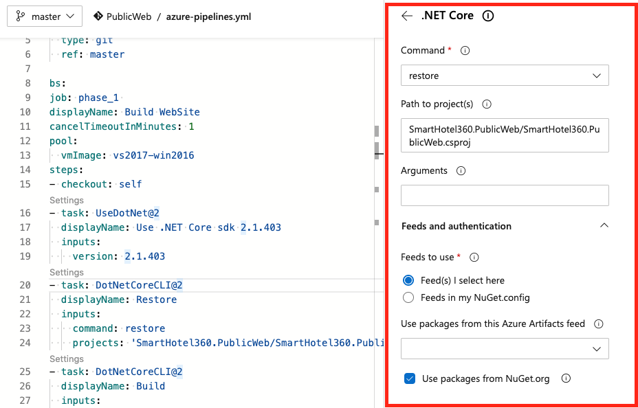 Configurar la tarea de canalización con el asistente de tareas.