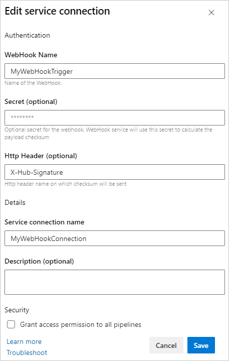 Captura de pantalla que muestra la conexión de servicio de webhook entrante.