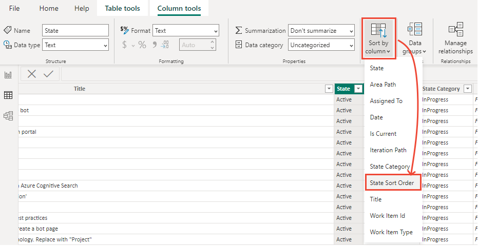 Captura de pantalla de la pestaña Herramientas de columna de Power BI, Selección de ordenar por columna.