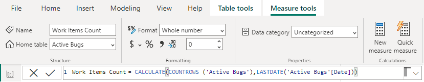 Captura de pantalla de la pestaña Herramientas de medida de Power BI, Sintaxis de recuento de elementos de trabajo.