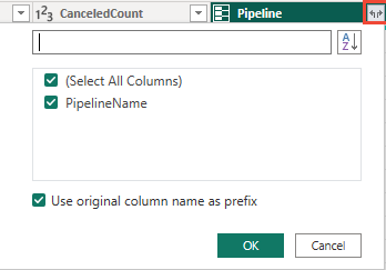 Captura de pantalla del menú de expansión de la columna Canalizaciones. 