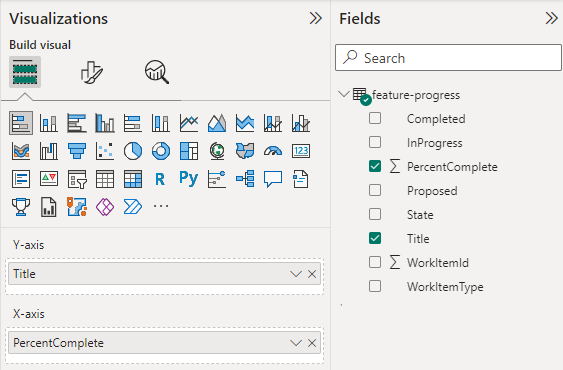 Captura de pantalla de las selecciones visualizaciones y campos de Power BI para el informe gráfico de barras apiladas de progreso de características. 