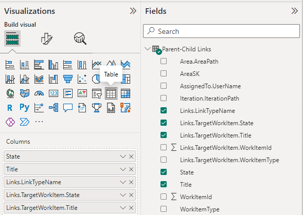 Captura de pantalla de las selecciones visualizaciones y campos de Power BI para el informe de la tabla de lista Vínculos primarios y secundarios. 