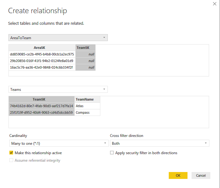 Asignación de Power BI Desktop, Inicio, Administrar relaciones, AreaToTeam y Teams