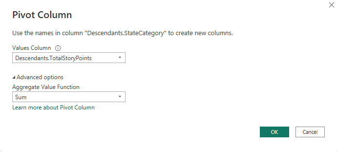 Dialog of Pivot Column for Descendants.TotalStoryPoints column. 