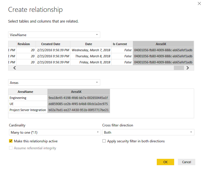 Cuadro de diálogo de Power BI Desktop, Administrar relaciones, Ver al área