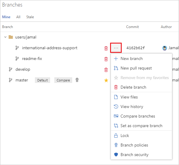 Acceso a la vista de archivos y revisión del historial desde el menú contextual de ramas