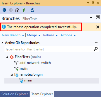 Captura de pantalla del mensaje de confirmación de rebase en la vista Ramas de Team Explorer en Visual Studio 2019.
