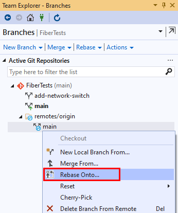 Captura de pantalla de la opción Rebase Onto en la vista Ramas de Team Explorer en Visual Studio 2019.