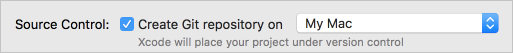 Captura de pantalla que muestra cómo crear un repositorio de Git en el momento de la creación del proyecto de Xcode.