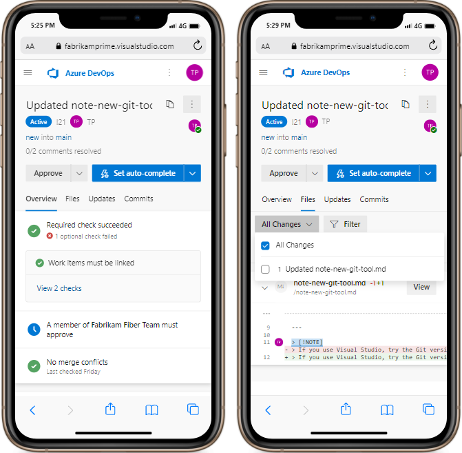 Captura de las pantallas de PR de Azure Repos en un dispositivo móvil.