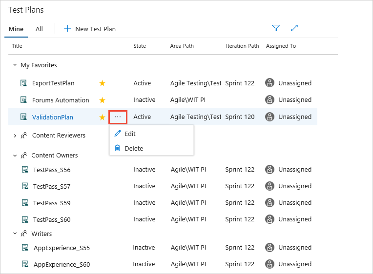 Mine page, menu options to edit or delete a test plan.