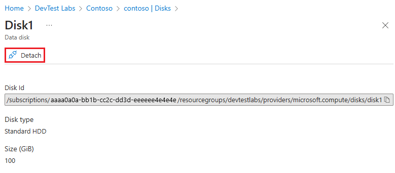 Recorte de pantalla que muestra Desasociar en la página Disco de datos.