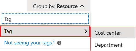 Recorte de pantalla que muestra cómo cambiar el grupo por filtro para mostrar detalles de costes basados en las etiquetas aplicadas.
