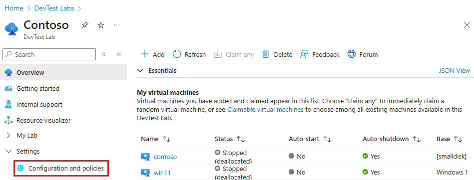 Captura de pantalla que muestra el menú Configuración y directivas de un laboratorio.