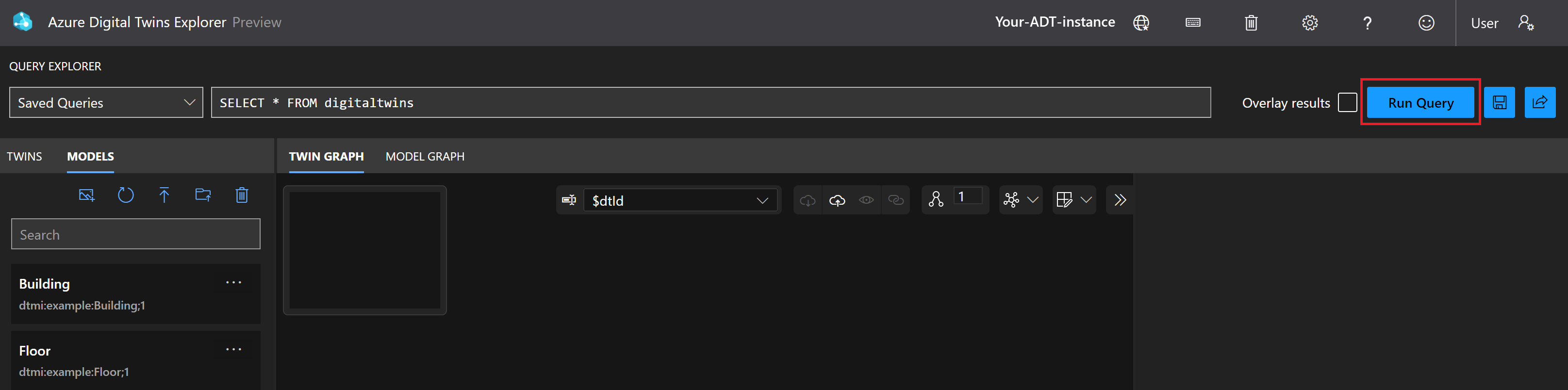 Captura de pantalla de Azure Digital Twins Explorer con el botón