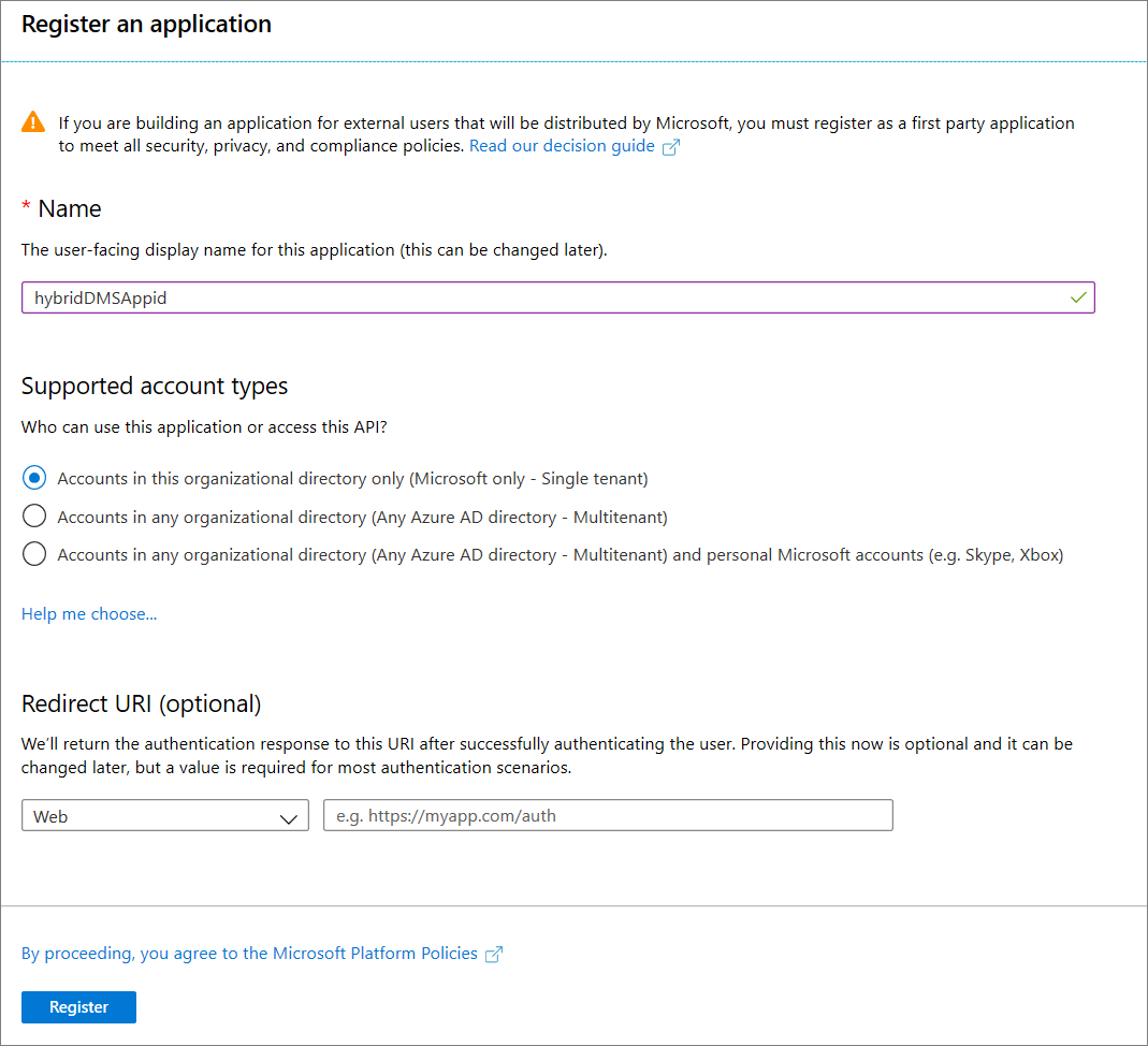 Registro de aplicación del modo híbrido de Azure Database Migration Service