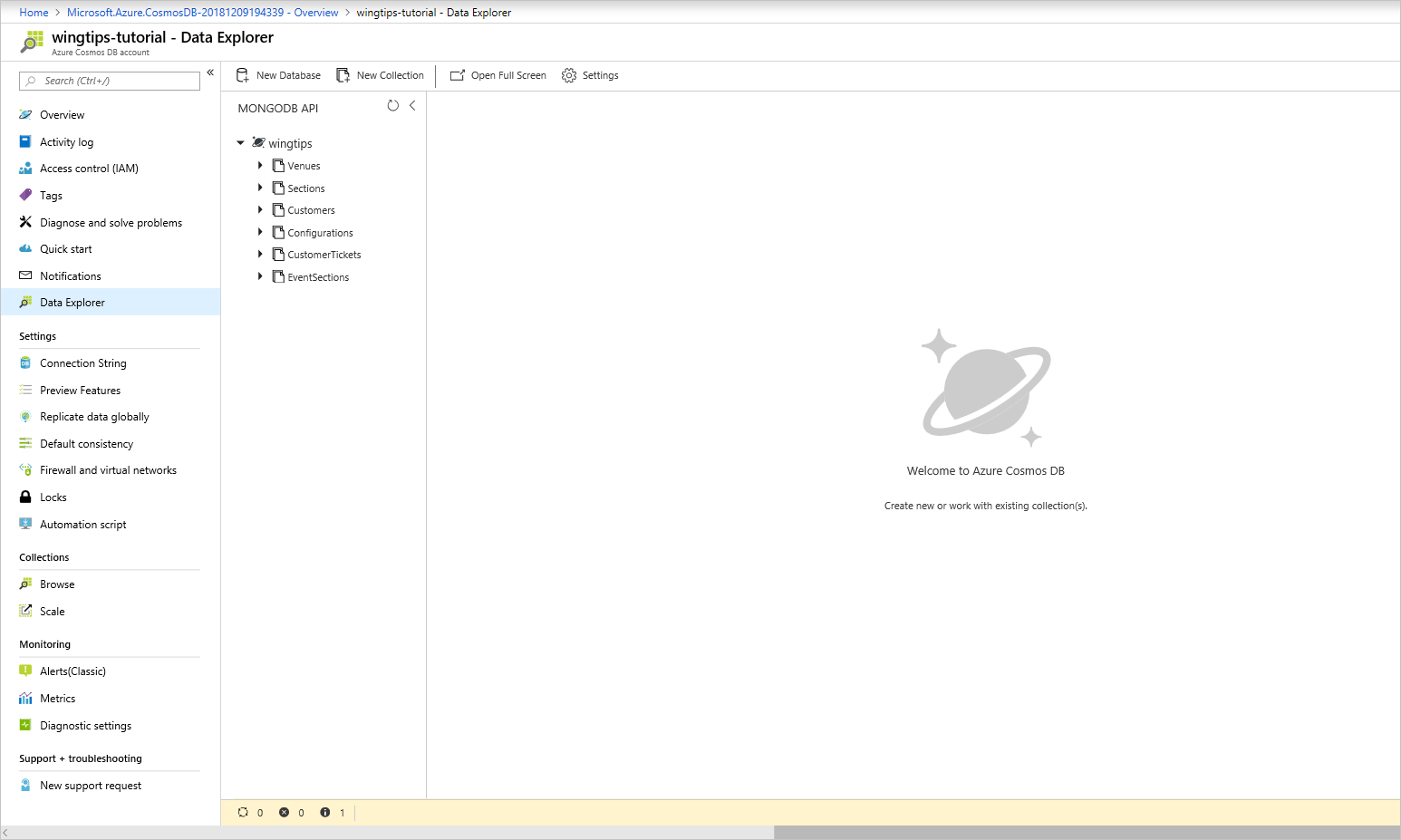 Captura de pantalla que muestra dónde consultar la cuenta de Azure Cosmos DB para comprobar que todas las colecciones se han migrado correctamente.