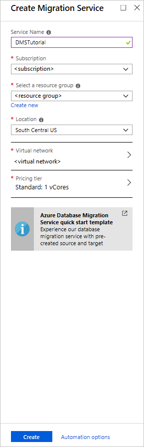 Captura de pantalla que muestra los valores de configuración de la instancia de Azure Database Migration Service.