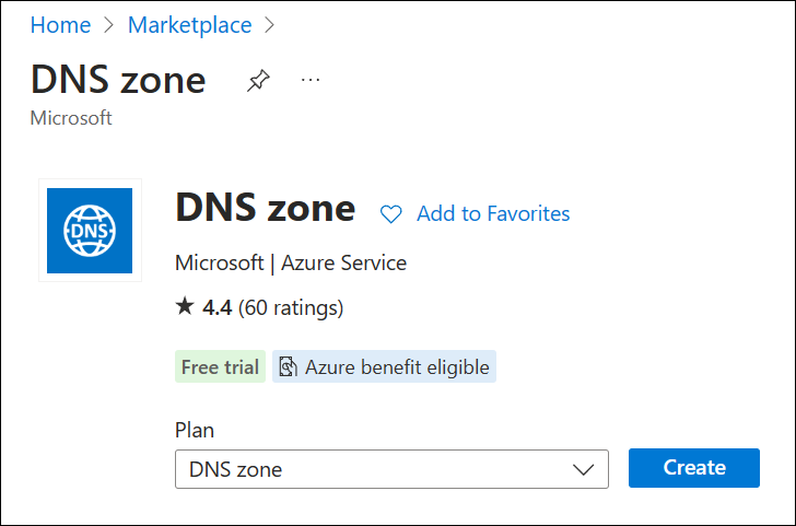 Captura de pantalla del marketplace de la zona DNS.