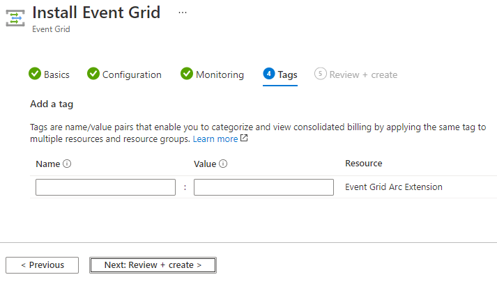 Instalación de la extensión de Event Grid - página de etiquetas