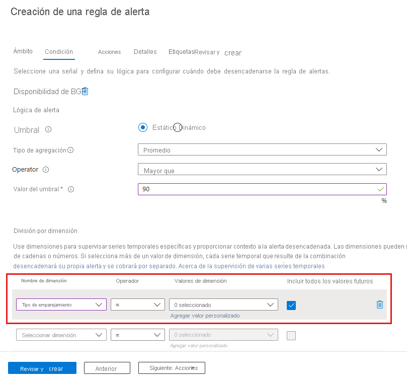 Captura de pantalla de una regla de alerta basada en la configuración del emparejamiento de ExpressRoute.