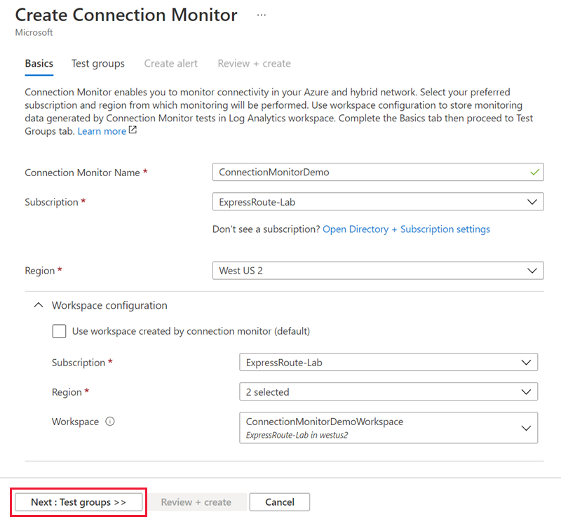 Captura de pantalla de la pestaña Datos básicos para crear Connection Monitor.