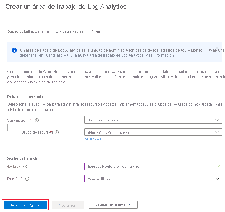 Captura de pantalla de la pestaña Datos básicos para crear un área de trabajo de Log Analytics.