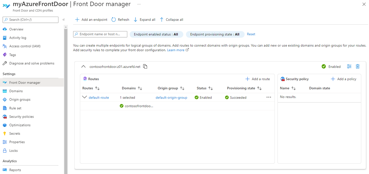 Captura de pantalla de la página del administrador de Azure Front Door.
