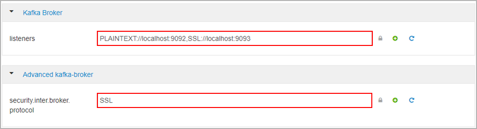 Edición de las propiedades de configuración de SSL de Kafka en Ambari.