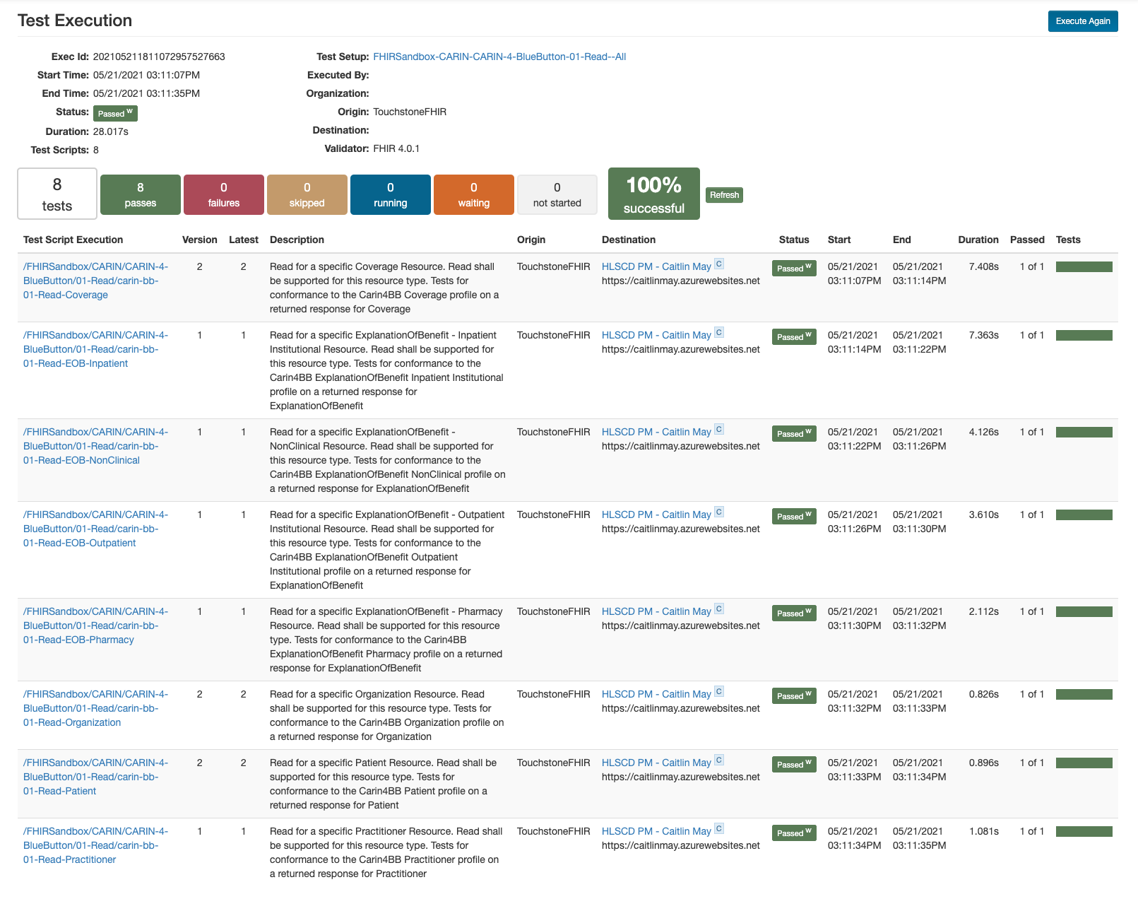 Resultados de la ejecución de pruebas de lectura de Touchstone.