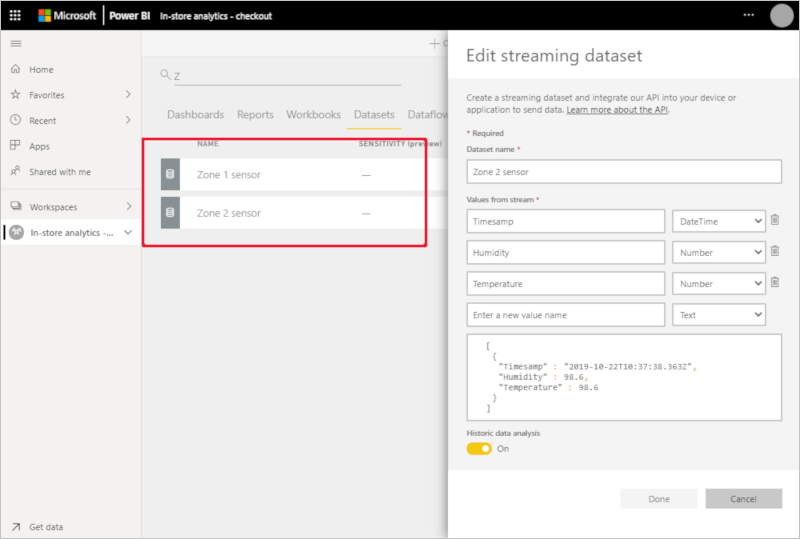 Captura de pantalla que muestra la definición de datos del sensor de la zona uno en Power BI.