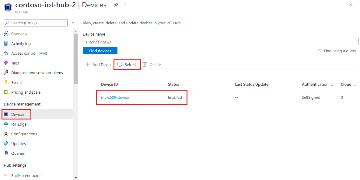 Captura de pantalla que muestra que el dispositivo está registrado en el centro de IoT en Azure Portal.